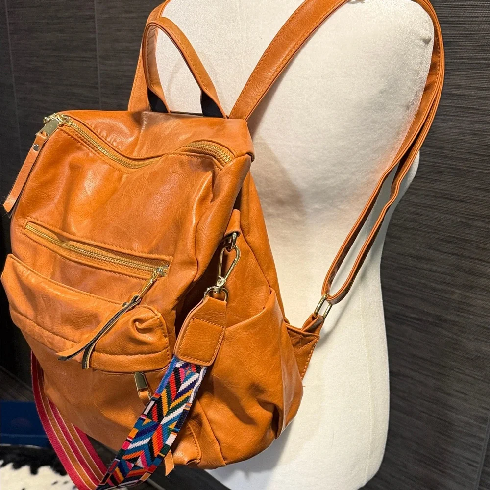 Caramel Vegan Leather Backpack with Colorful Strap